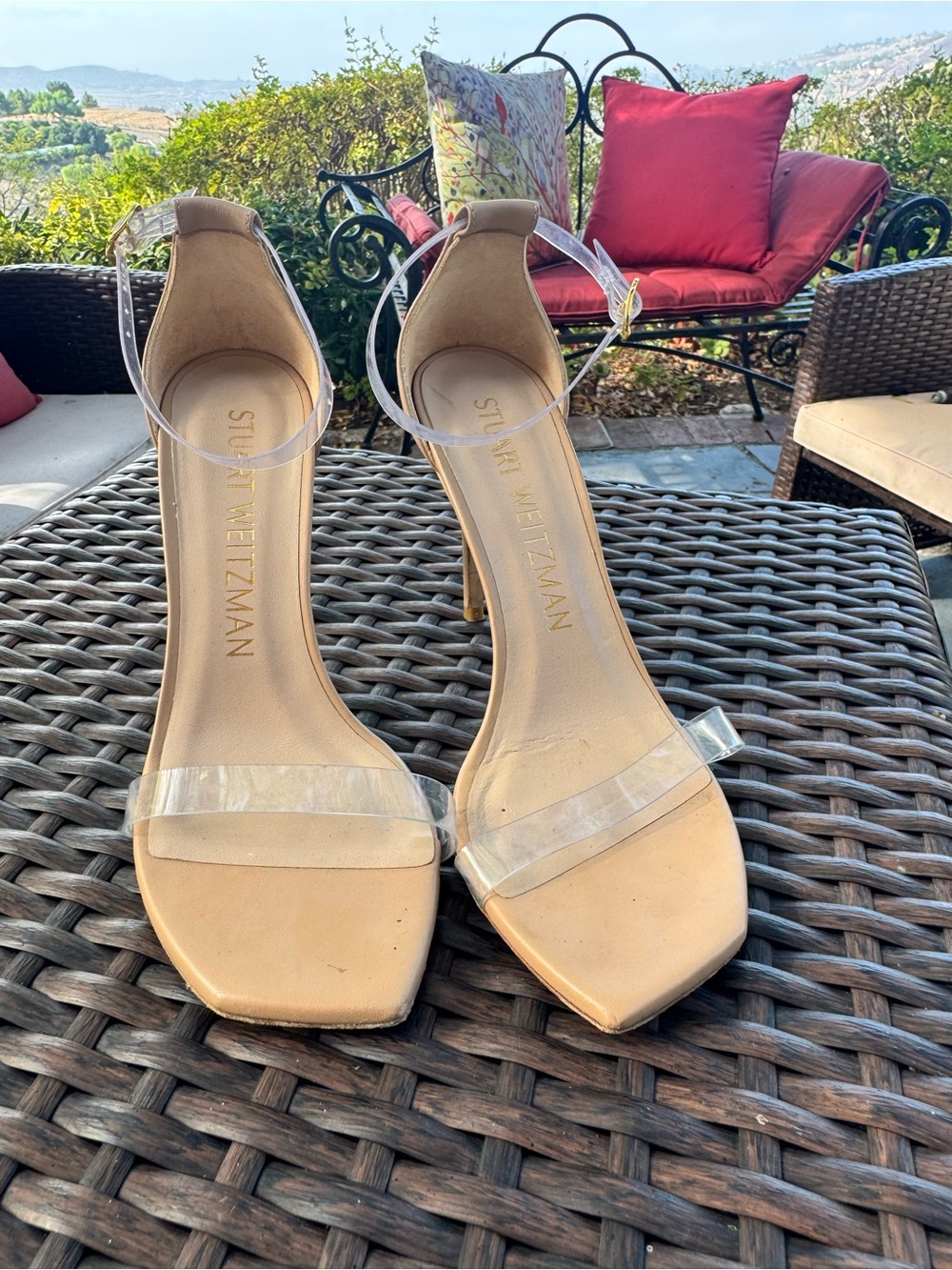 Stuart Weitzman Clear PVC Nude Leather Heels Sandals Size 8.5